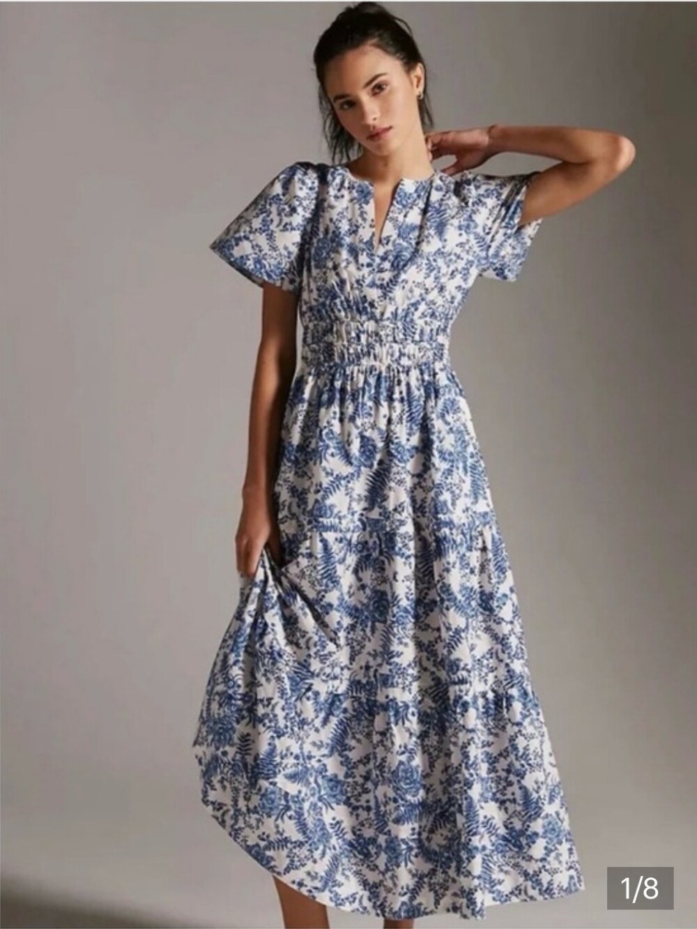 Anthropologie Blue White Toile Floral Smocked Flutter Sleeve Midi Dress